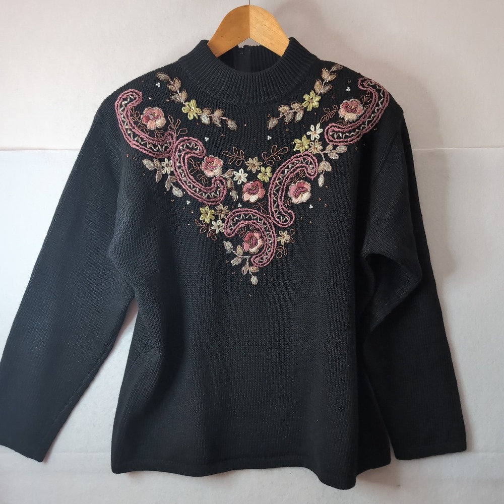 Tiara International Vintage Black Floral Embroidered Beaded Mock Neck Sweater L